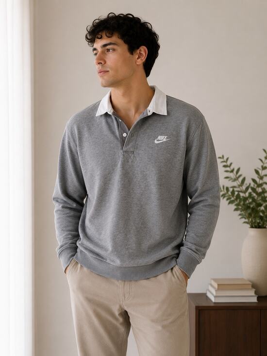 Nike Other - Nike Polo Sweatshirt Gray White Collar Pullover Fleece Logo Men’s Medium M